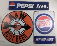 3 New: Soda Metal Tin Signs - Pepsi Ave. 15.5" x 3.75" - Pepsico 12" x 8" - A&W 30cm Diameter