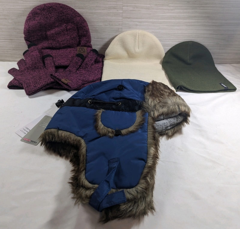 New: Cold Wear - 4 Hats, Pair of Gloves and Neck Warmer - Hats are 1 Size Fits Most Except 1 Toddler Hat - Scarf is 10.5" W x 8" H - Gloves: Ring Finger to Wrist is 8.5"