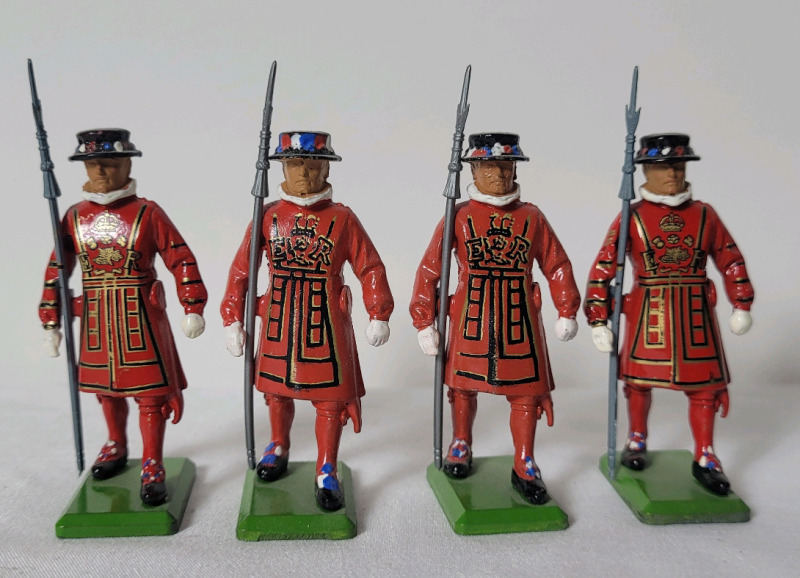 Four (4) Britains " Beefeater Tower of London Guards " Metal Toy Soldiers , 54mm