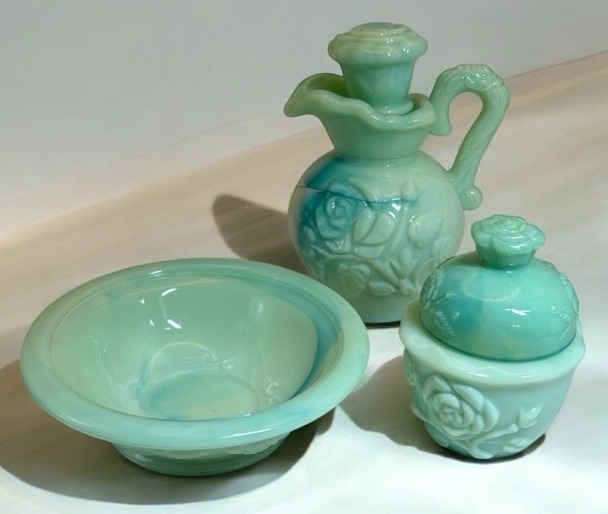 Pitcher & Bowl & Sachet Vintage Victorian Look Pitcher, Jadeite, Slag Glass Teal milk Glass