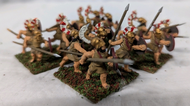 4 Quartets (16 Total) Hand Painted Lead Miniatures. Welding Spear and Shield. 1.5" Tall. On Flocked Base.