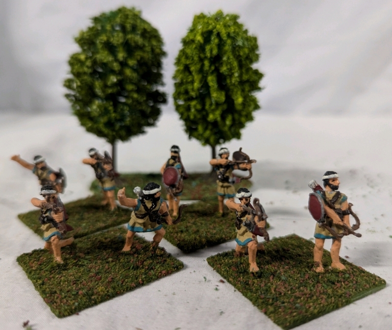 4 Pairs (8 Total) Hand Painted Lead Miniatures. Weilding Bow and Shield. 1.25" Tall. On Flocked Base. With Trees