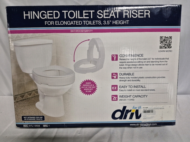 New Drive Hinged Toilet Seat Riser for Elongated Toilets 3.5" Height