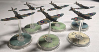 6 Metal Hand-painted British Airplane Miniatures on Plastic Stands |Appears to be painted as a Supermarine Spitfire | Likely from Blood Red Skies Wargame 1&frac34;" Long 2" Tall