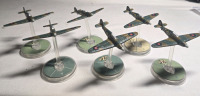 6 Metal British Hand-painted Airplane Miniatures on Plastic Stands |Appears to be painted as a Hurricane Squadron | Likely from Blood Red Skies Wargame 1&frac34;" Long 2" Tall