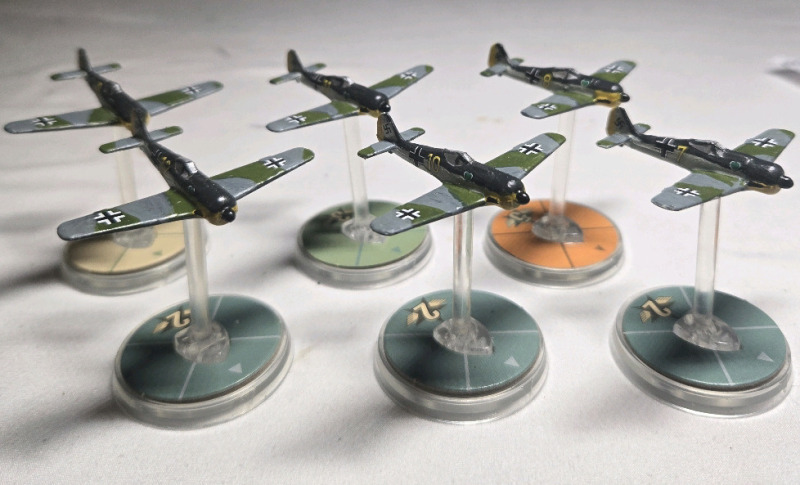 6 Metal German Hand-painted Airplane Miniatures on Plastic Stands | Appears to be painted as a Focke-Wulf Fw 190 | Likely from Blood Red Skies Wargame 1.5" Long 2" Tall