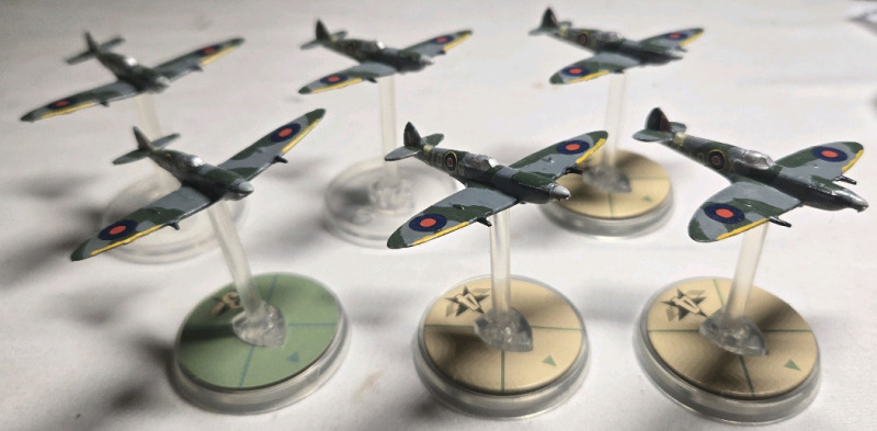 6 Metal British Hand-painted Airplane Miniatures on Plastic Stands | Appears to be painted as a Submarine Spitfire | Likely from Blood Red Skies Wargame 1&frac34;" Long 2" Tall