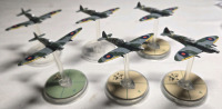 6 Metal British Hand-painted Airplane Miniatures on Plastic Stands | Appears to be painted as a Submarine Spitfire | Likely from Blood Red Skies Wargame 1&frac34;" Long 2" Tall