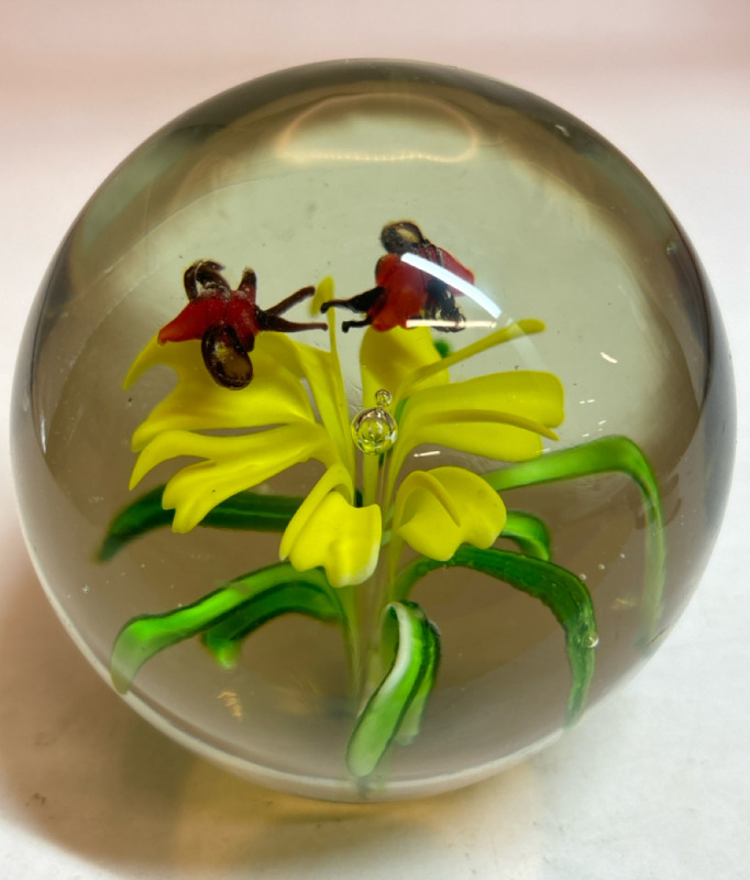 Hand Blown Art Glass Paperweight Yellow Flower & Butterflies