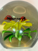 Hand Blown Art Glass Paperweight Yellow Flower & Butterflies - 2