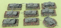 9 (Nine) 1/285 Scale 6mm Painted Metal Russian T-62 / T-55 + Tanks on Flocked Bases (including One Great British Tuppence Coin Base)