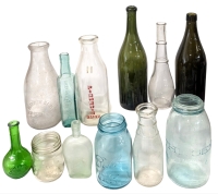 Assorted Coloured & Clear Glass Bottles & Jars : Parkview + Fisher's Dairy, Ball, "The Gem", Royal Mint Sauce, Canadian Jewel, Gartons HP Sauce + | Up to 11.5" Tall