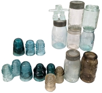 Vintage Coloured & Clear Glass Jars (Crown, Imperial T Eatons, Mason's Pat 1858), 10 Coloured Glass Insulators & Glass Inukshuk Figure