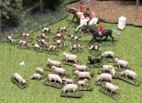 HO Scale Plastic Model Fox Hunters on Horseback w Hounds, Sheep + Sheepdog, Goose & Bee Box |