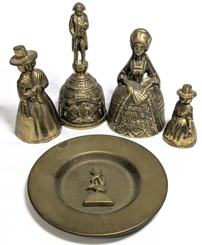 4 Brass Hand Bells (Napoleon Waterloo, Victorian Lady, 2 Jenny Bells) + Th' Polperno Pisky Plate