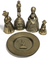 4 Brass Hand Bells (Napoleon Waterloo, Victorian Lady, 2 Jenny Bells) + Th' Polperno Pisky Plate