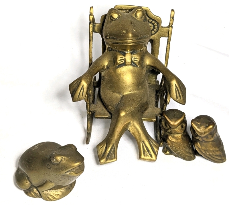 Fantastic Vintage Brass Figures: Frog in Rocking Chair, Singing Frog & 2 Owls | Up to 3.75"