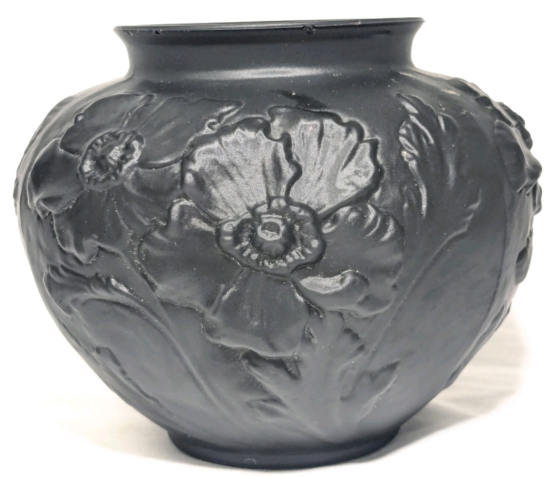 Unsigned Vintage Tiffin Black Amethyst Art Glass Vase w Poppies | 6" Tall