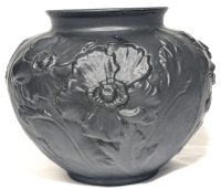 Unsigned Vintage Tiffin Black Amethyst Art Glass Vase w Poppies | 6" Tall