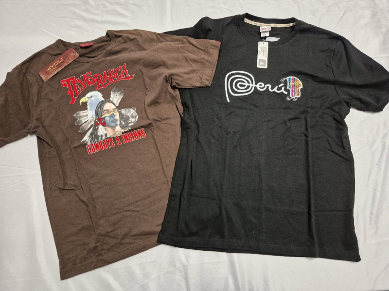 2 New Designor T-shirts sz L & XL - 4You Jeans & Peru