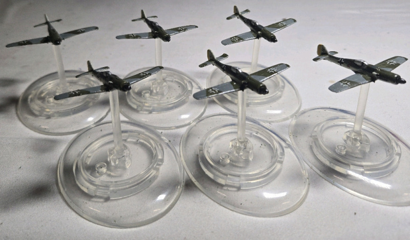 6 Metal German Hand-painted Airplane Miniatures on Plastic Stands | Appears to be painted as a Focke Wulf FW 190 | Likely from Blood Red Skies Wargame 1&frac34;" Long 2" Tall