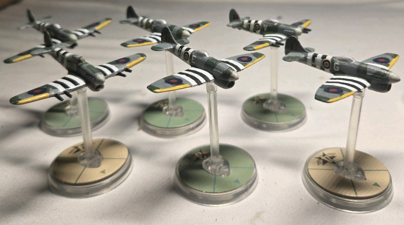 6 Metal British Hand-painted Airplane Miniatures on Plastic Stands | Appears to be painted as a Hawker Typhoon Squadron | Likely from Blood Red Skies Wargame 2" Long 2" Tall