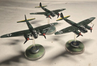 3 Plastic German Hand-painted Airplane Miniatures on Plastic Stands | Appears to be painted as a JU 88 Bomber Plane Squadron| Likely from Blood Red Skies Wargame 2&frac34;" Long 2" Tall