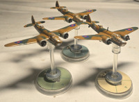 3 Plastic British Hand-painted Airplane Miniatures on Plastic Stands | Appears to be painted as a Bristol Blenheim Bomber Squadron | Likely from Blood Red Skies Wargame 2&frac12;" Long 2" Tall