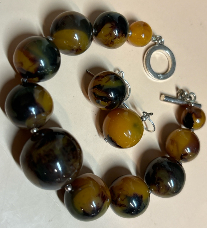 Ralph Lauren Tiger Eye & Red Bead Gemstone Bracelet Dangle Pierced Earrings Couture Chunky Runway