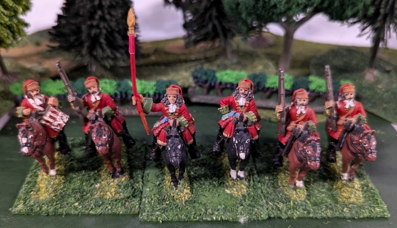 3 Pairs (6 Total) Hand Painted Lead Miniature Calvery. Labelled Dragoon M de Grammont. 1.5" Tall. On Flocked Bases