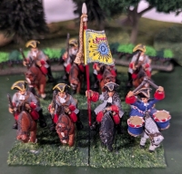 4 Pairs (8 Total) Hand Painted Lead Miniature Calvery. Labelled Regiment Saint Simon 1.5" Tall. On Flocked Bases