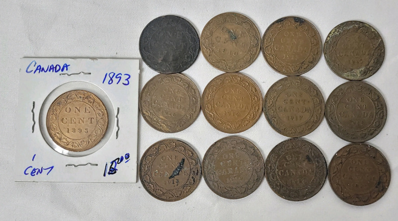1893 - 1920 Canadian Large One Cent Pennies . 13 Coins