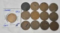 1893 - 1920 Canadian Large One Cent Pennies . 13 Coins