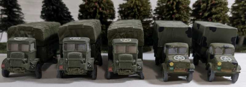 5 Handpainted Metal Based World War 2 Trucks Approx. 3.75" & 3"