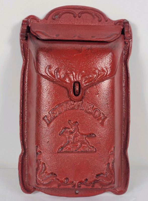 Red Cast Iron Letter Box Mail Box . Measures 7 1/4"&times;12.5" .