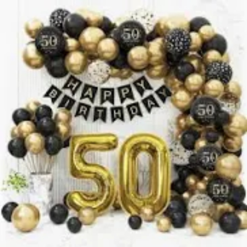 2 New Packs | Of 50th Birthday Decorations | Includes String Banner " Happy Birthday", Golden & Black Balloons, & Large Numbers 5 & 0 Gold Coloured Balloons