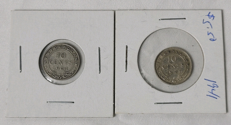 1904 H & 1941 C Newfoundland Silver 10 Cent Dimes , Two (2) Coins