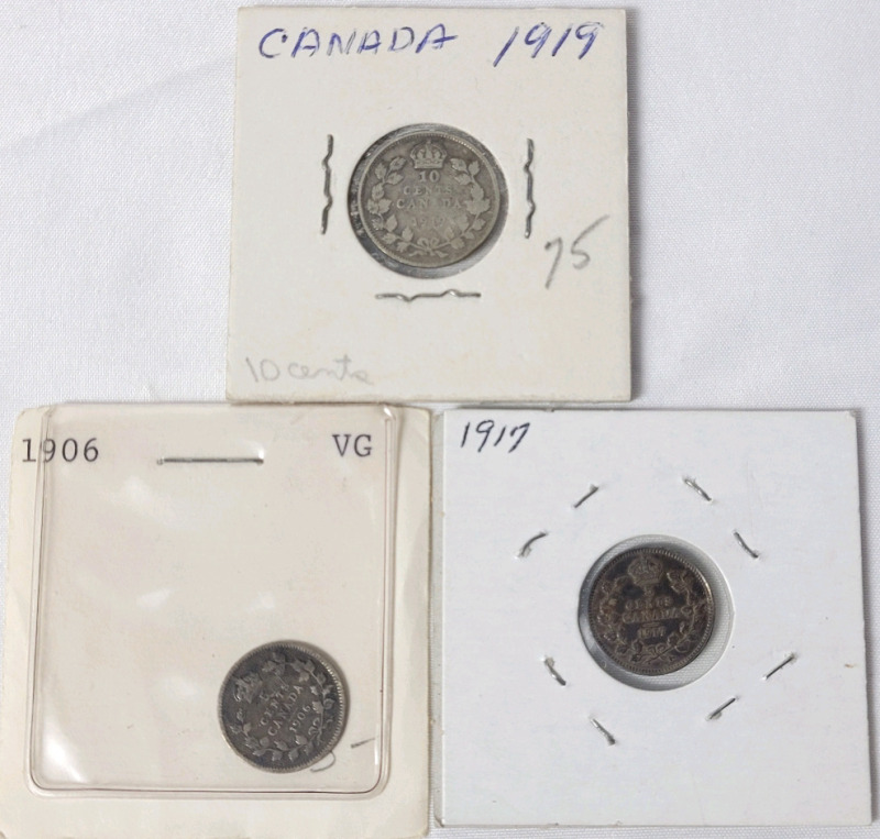 1919 Canadian Silver 10 Cent Dime & 1906 and 1917 Canadian Silver 5 Cent Nickel