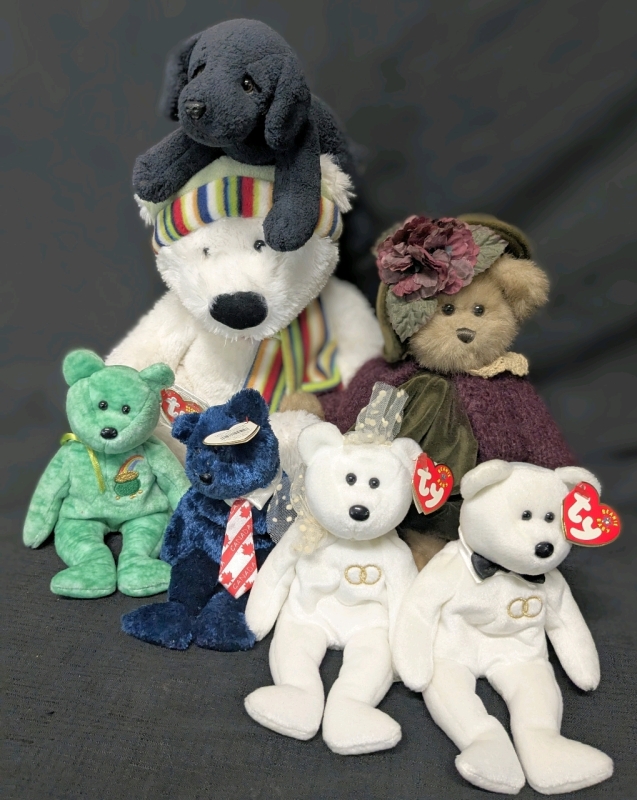 4 TY Beanie Babies w Tags + RUSS Bernard the Polar Bear, Black Jack & Bearington Collection "Leslie" Fancy Lady Teddy Bear w Jointed Limbs