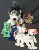 4 TY Beanie Babies w Tags + RUSS Bernard the Polar Bear, Black Jack & Bearington Collection "Leslie" Fancy Lady Teddy Bear w Jointed Limbs
