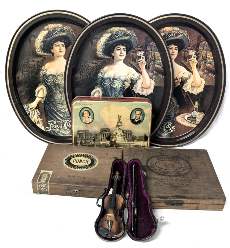 2 Vintage Wood Cigar Boxes (Panetelas + Muriel Habana), 1953 Coronation Souvenir Toffee Rex Tin, 3 Coca-Cola Tin Serving Trays & Neat Miniature Violin w Bow