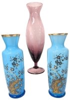 Gorgeous Pair of Blue & Gold Gilt Japanese-Style Cherry Blossom Vases + Amethyst Glass Vase | Up to 9.75" Tall