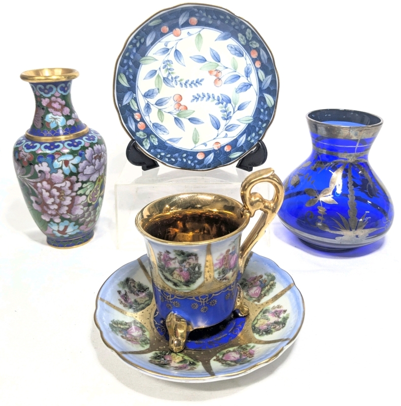 Royal Vienna Arnart Gold Moriage Demitasse Cup & Saucer w Beehive Crown Mark, Cobalt Blue Glass Gold Gilt Vase, Cloissone Vase & Juzan Gama Japanese Porcelain Scalloped Dish