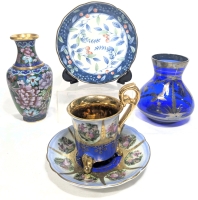 Royal Vienna Arnart Gold Moriage Demitasse Cup & Saucer w Beehive Crown Mark, Cobalt Blue Glass Gold Gilt Vase, Cloissone Vase & Juzan Gama Japanese Porcelain Scalloped Dish