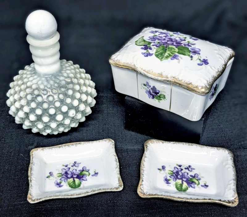 Unsigned Fenton Hobnail Moonstone Perfume Bottle + Signed GC Spring Violets China Cigarette Box w Nesting Ashtrays Japan | Bottle 6" Tall
