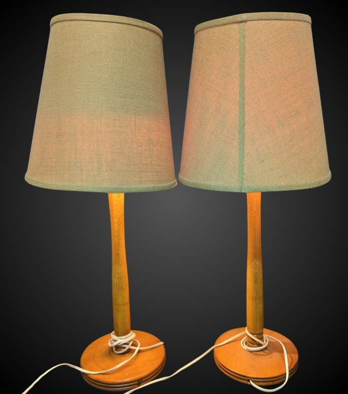 Pair of Vintage Table Lamps w Wood-Turned Bases & Burlap Shades | Includes Lightbulbs | 31" Tall ea