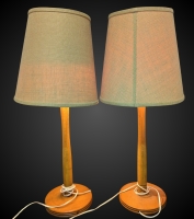 Pair of Vintage Table Lamps w Wood-Turned Bases & Burlap Shades | Includes Lightbulbs | 31" Tall ea