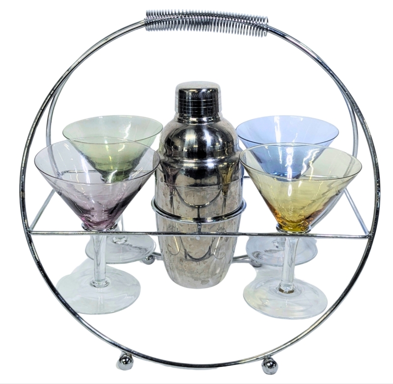 Fantastic Mid Century Modern Cocktail Bar Set : 4 Coloured Martini Glasses, Cocktail Shaker & Chrome Caddy | Made in Japan | Caddy 12" Tall