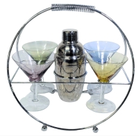 Fantastic Mid Century Modern Cocktail Bar Set : 4 Coloured Martini Glasses, Cocktail Shaker & Chrome Caddy | Made in Japan | Caddy 12" Tall