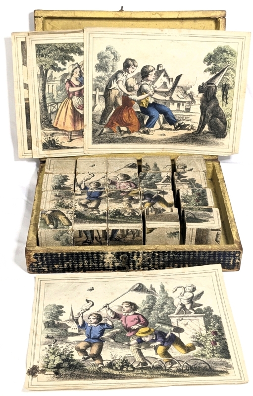 Rare Antique Wood Block Hand-Coloured Lithograph Puzzle Blocks in Original Wood Case w 5 Lithograph Puzzle Picture Solutions (6th Picture on Top of Box) - Complete!